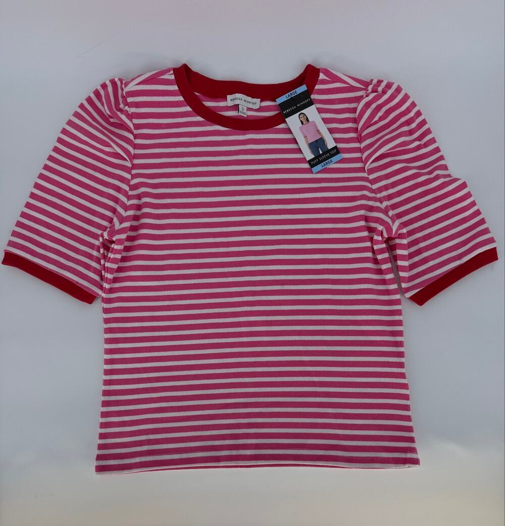 Rebecca Minkoff Puff Sleeve Top Womens L Pink White Stripe Ribbed NWT
